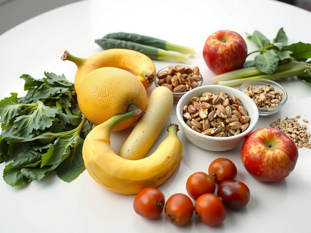 Mesa con alimentos frescos y saludables como frutas, verduras, nueces y granos integrales