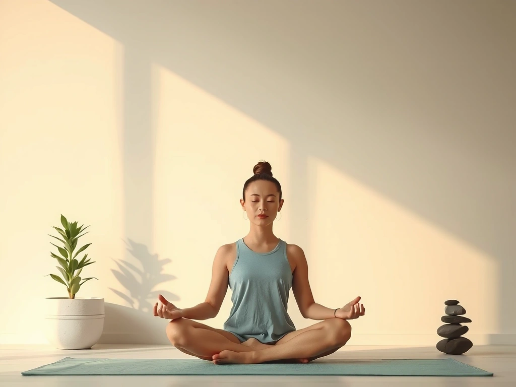 Persona meditando pacíficamente en un entorno tranquilo, con luz suave y elementos naturales, representando la calma y el manejo del estrés
