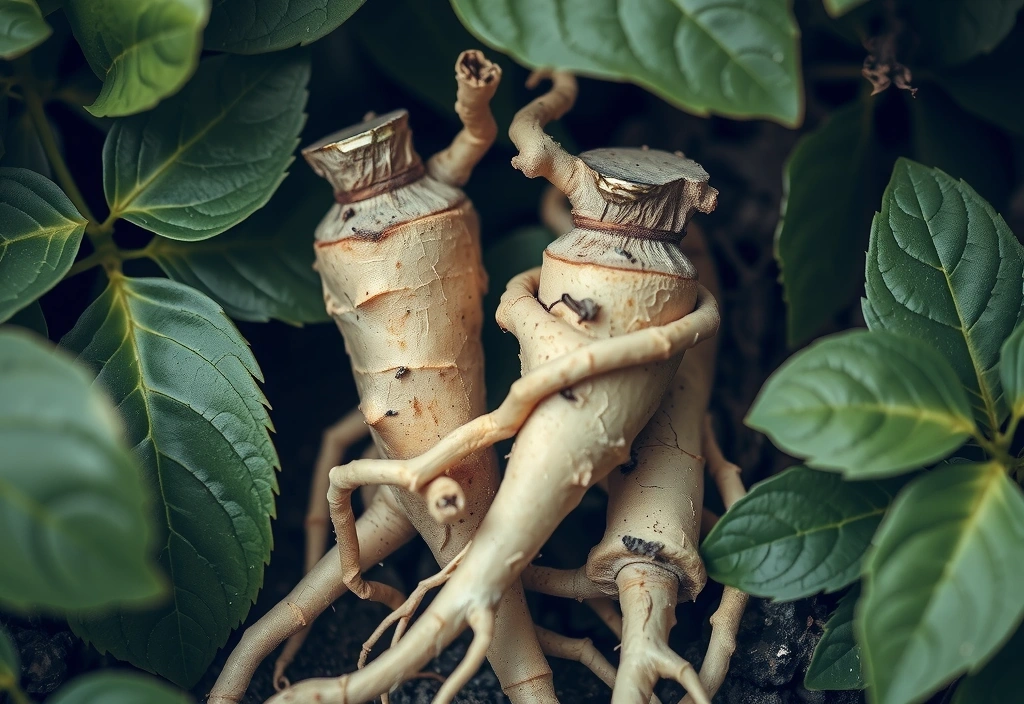 Raíces de ginseng y hojas verdes