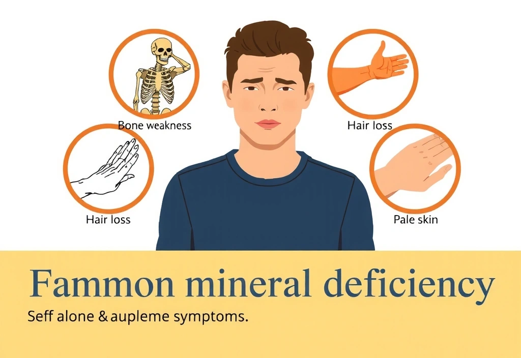 Una persona sintiendo fatiga y debilidad, con iconos que representan diferentes síntomas de deficiencia mineral alrededor, en un estilo ilustrativo claro y conciso.