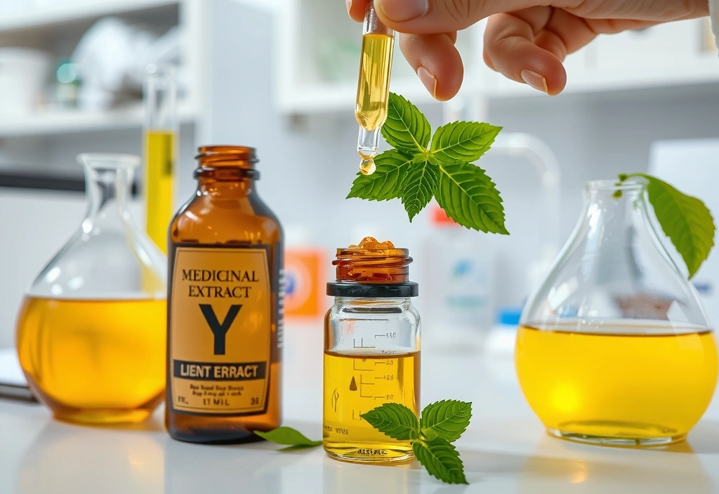 Extracto de plantas medicinales siendo preparado en un laboratorio limpio y moderno, con botellas de vidrio y equipo científico.