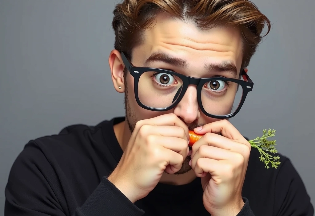 Persona comiendo zanahorias con ojos grandes y brillantes