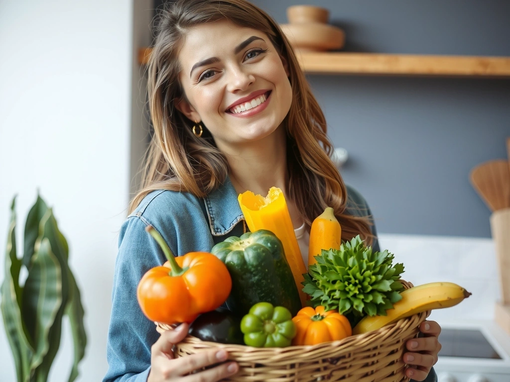 Una persona sonriente disfrutando de un estilo de vida saludable con frutas y verduras