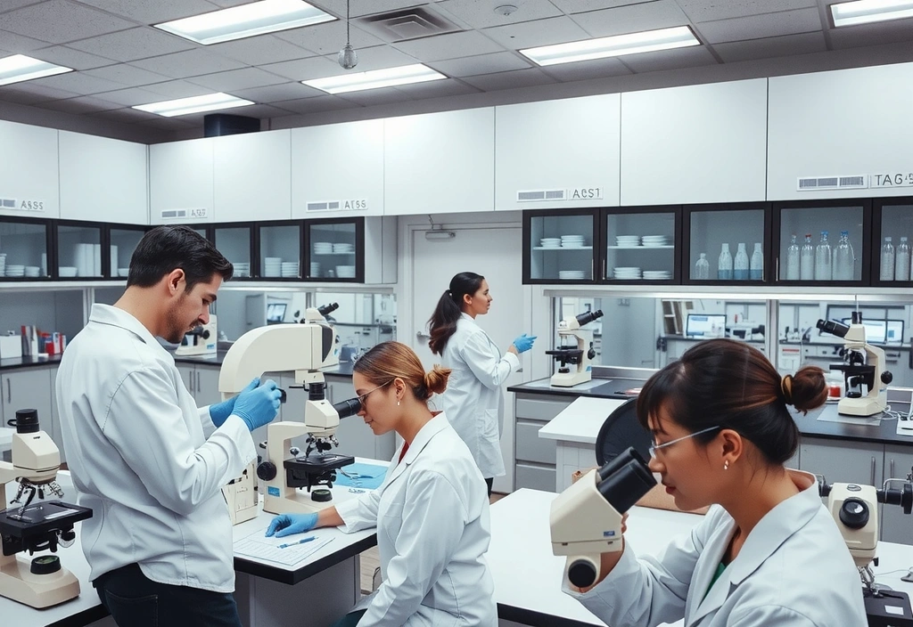 Un laboratorio de investigación moderno y limpio, con científicos trabajando diligentemente con microscopios, pipetas y equipos de alta tecnología. El ambiente transmite precisión, ciencia y descubrimiento.